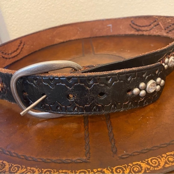 Women Brown Leather Embellished Rhinestone Bling Belt Size Large-Made in Mexico - Picture 3 of 10